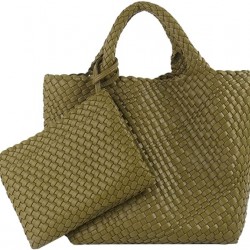 Woven Tote Bag, Women Macaron Soft Leather Weave Handbag Purse Wrist Bag Large Capacity Work Shopping Travel Daily