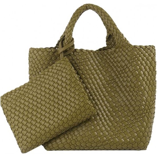 Woven Tote Bag, Women Macaron Soft Leather Weave Handbag Purse Wrist Bag Large Capacity Work Shopping Travel Daily