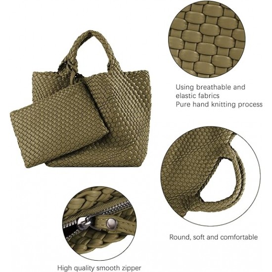 Woven Tote Bag, Women Macaron Soft Leather Weave Handbag Purse Wrist Bag Large Capacity Work Shopping Travel Daily