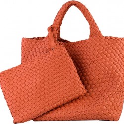 Woven Tote Bag, Women Macaron Soft Leather Weave Handbag Purse Wrist Bag Large Capacity Work Shopping Travel Daily