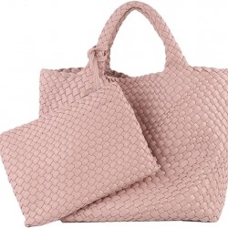 Woven Tote Bag, Women Macaron Soft Leather Weave Handbag Purse Wrist Bag Large Capacity Work Shopping Travel Daily