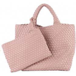 Woven Tote Bag, Women Macaron Soft Leather Weave Handbag Purse Wrist Bag Large Capacity Work Shopping Travel Daily