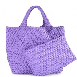 Woven Tote Bag, Women Macaron Soft Leather Weave Handbag Purse Wrist Bag Large Capacity Work Shopping Travel Daily