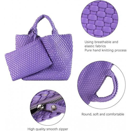 Woven Tote Bag, Women Macaron Soft Leather Weave Handbag Purse Wrist Bag Large Capacity Work Shopping Travel Daily