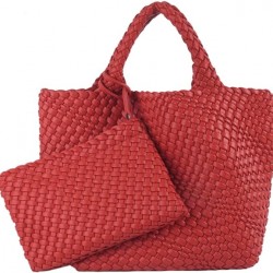 Woven Tote Bag, Women Macaron Soft Leather Weave Handbag Purse Wrist Bag Large Capacity Work Shopping Travel Daily