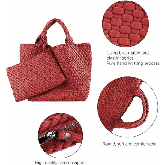 Woven Tote Bag, Women Macaron Soft Leather Weave Handbag Purse Wrist Bag Large Capacity Work Shopping Travel Daily