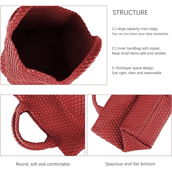 Woven Tote Bag, Women Macaron Soft Leather Weave Handbag Purse Wrist Bag Large Capacity Work Shopping Travel Daily