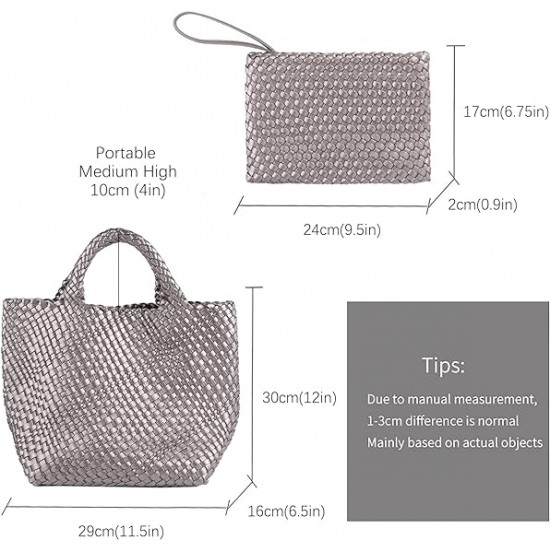 Woven Tote Bag, Women Macaron Soft Leather Weave Handbag Purse Wrist Bag Large Capacity Work Shopping Travel Daily