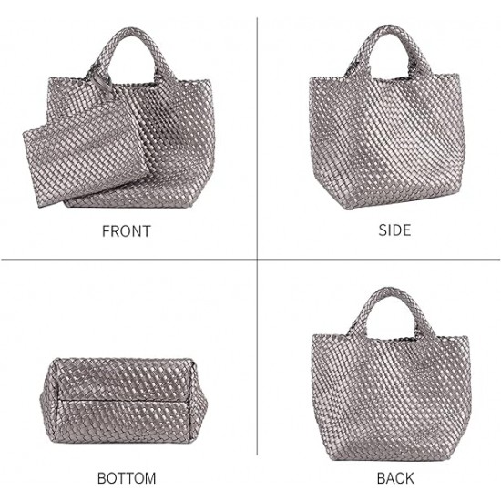 Woven Tote Bag, Women Macaron Soft Leather Weave Handbag Purse Wrist Bag Large Capacity Work Shopping Travel Daily