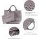 Woven Tote Bag, Women Macaron Soft Leather Weave Handbag Purse Wrist Bag Large Capacity Work Shopping Travel Daily