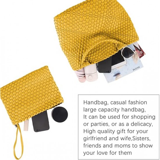 Woven Tote Bag, Women Macaron Soft Leather Weave Handbag Purse Wrist Bag Large Capacity Work Shopping Travel Daily