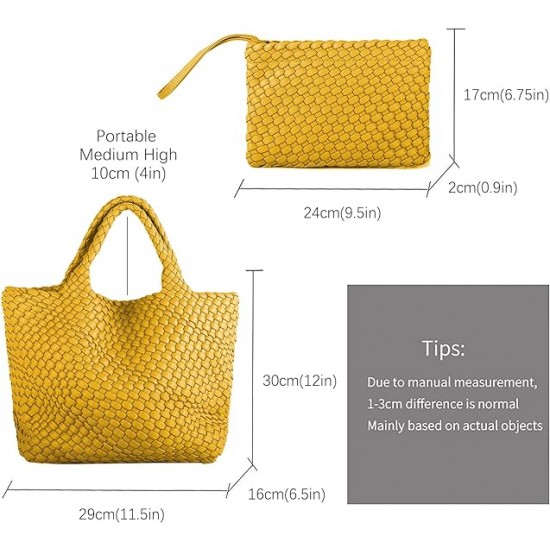 Woven Tote Bag, Women Macaron Soft Leather Weave Handbag Purse Wrist Bag Large Capacity Work Shopping Travel Daily