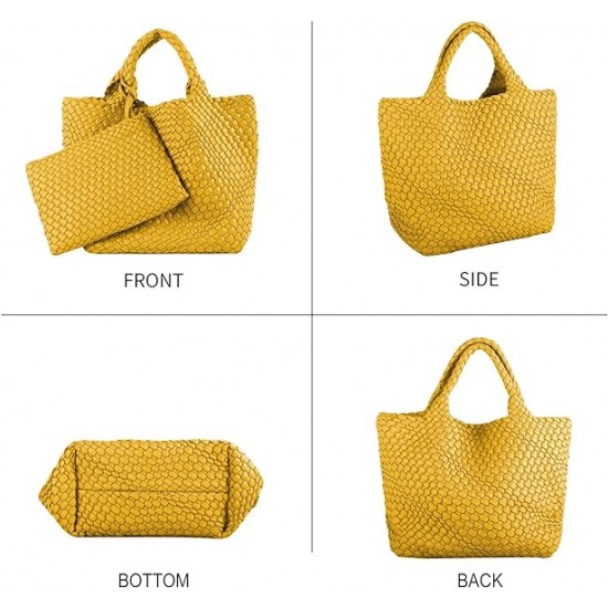 Woven Tote Bag, Women Macaron Soft Leather Weave Handbag Purse Wrist Bag Large Capacity Work Shopping Travel Daily