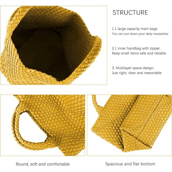 Woven Tote Bag, Women Macaron Soft Leather Weave Handbag Purse Wrist Bag Large Capacity Work Shopping Travel Daily