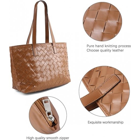 Woven Tote Bag for Women Top Handle Satchel Shoulder Bag for Women Vegan Leather Shopper Bag Large Travel HandBag