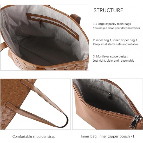 Woven Tote Bag for Women Top Handle Satchel Shoulder Bag for Women Vegan Leather Shopper Bag Large Travel HandBag