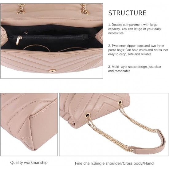 Quilted Crossbody Bags for Women, Trendy Roomy Shoulder Handbags with Flap Gold Hardware Chain Purses Shoulder Bag